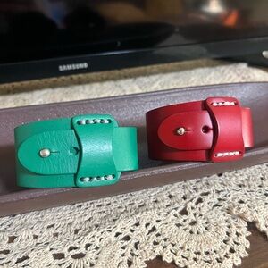 Plunder Red and Green Leather Jacket Cuff Bracelets